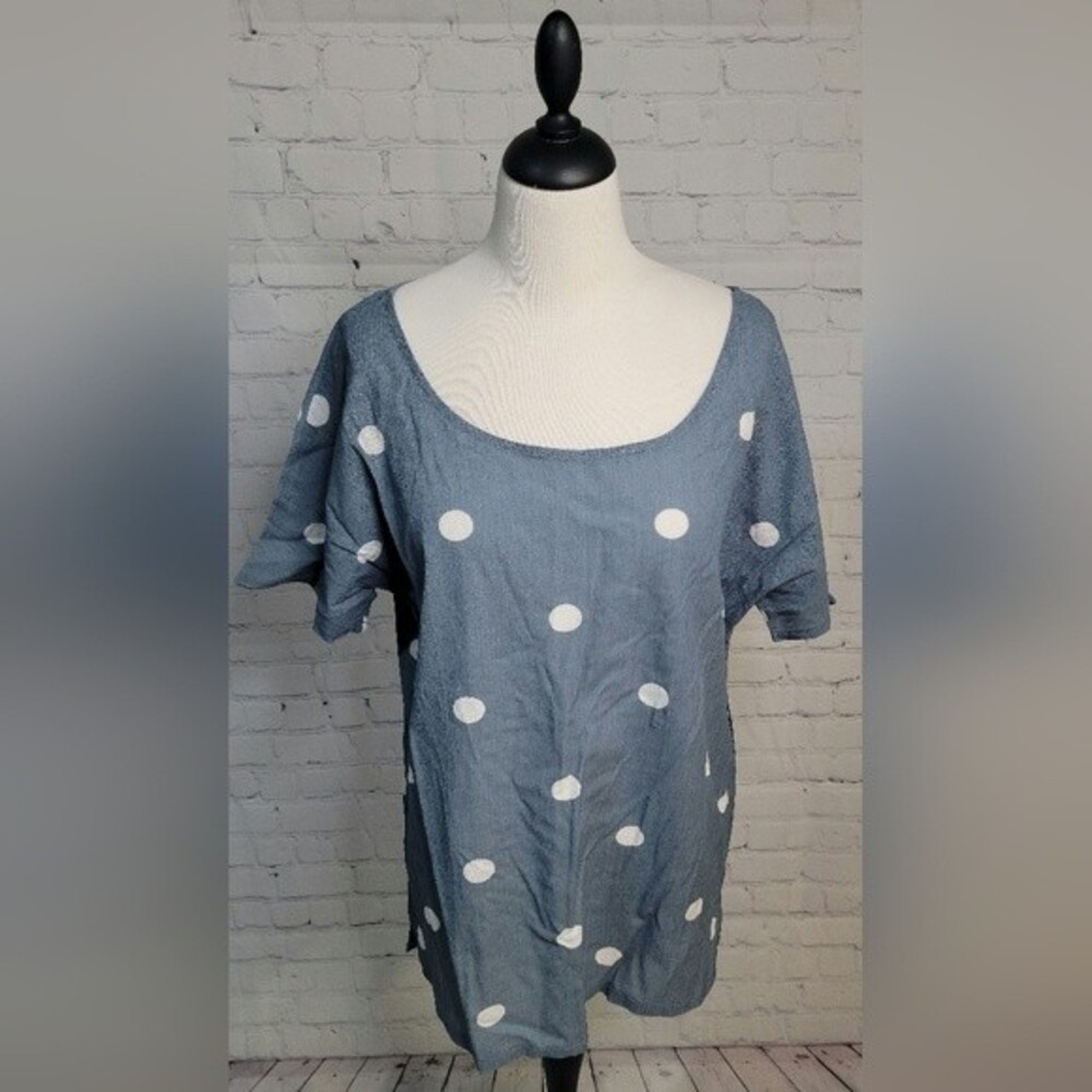 MISSLOOK Blue White Large Polka dots Sz XXL Scoop Neck Short Sleeve Tunic Top